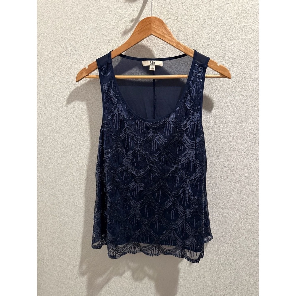 Y&B Los Angeles Navy Blue Sequin Scalloped Tank Top Sleeveless Mesh Blouse M